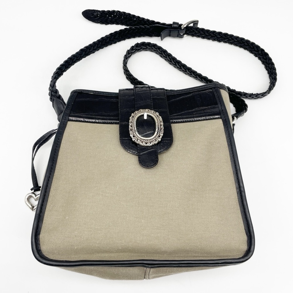 Vintage Brighton Leather & Taupe Canvas Crossbody Bag
